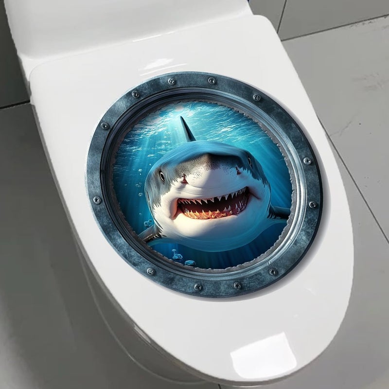 Iprokiu Funny Animal Toilet Seat Cover Sticker Waterproof Shark Dolphin Toilet Seat Lid Decal 3D Bathroom Decoration Turtle Dinosaur Wall Sticker (Shark) - Image 2
